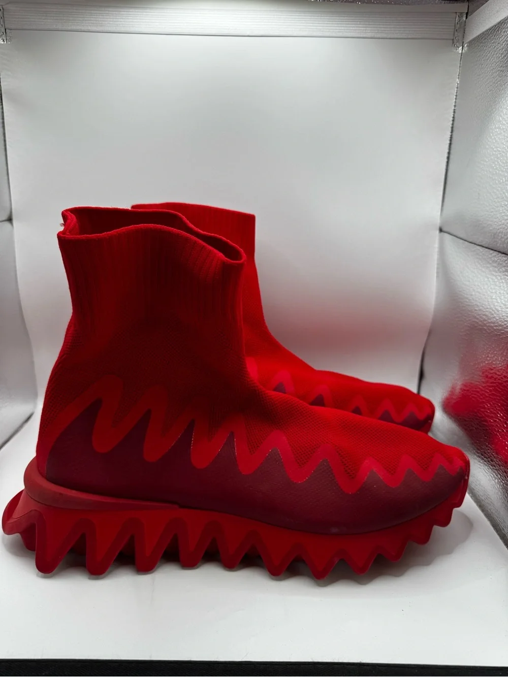 NEW Christian Louboutin Sharky Sock Knit Sneakers Red EU 44.5 US 11.5 Loubishark
